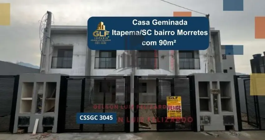Casa geminada em itapema bairro morretes, com 90m² sendo 3 dormitórios e 1 suíte, vaga para até 2 carros, com quintal nos fundos