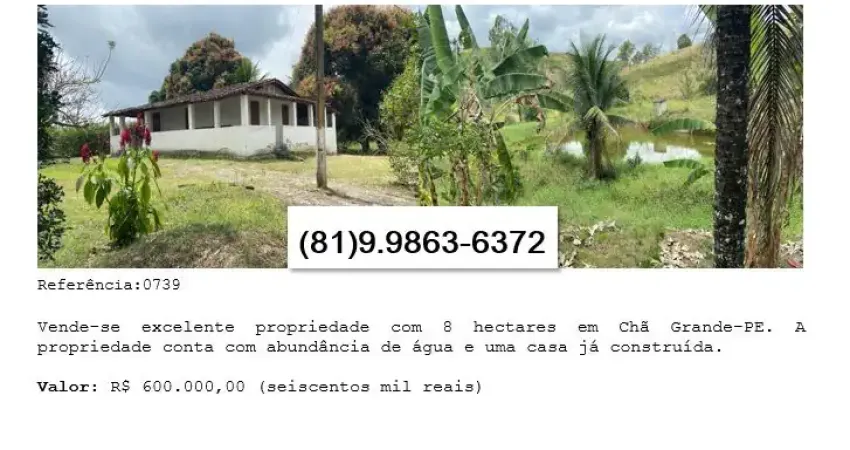 Vende-se excelente propriedade com 8 hectares em Chã Grande-PE