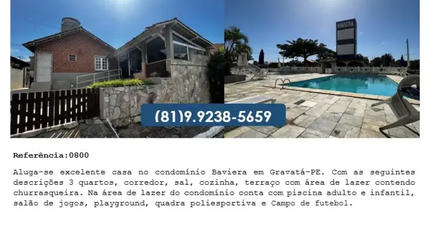 Aluga-se excelente casa no condomínio Baviera em Gravatá-PE.