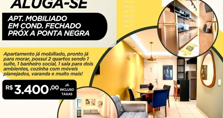 Aluga-se excelente apartamento mobiliado em ponta negra em condominio fechado