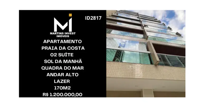 Apartamento na Praia da Costa, 03 Quartos, 02 Suítes, 01 Vaga, Sol da Manha, Andar Alto, 170m2