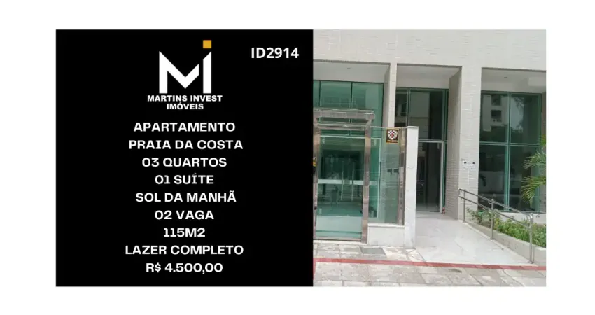 Apartamento Praia da Costa, 03 Quartos, Suíte, Sol da Manhã, 02 Vagas, 115m2
