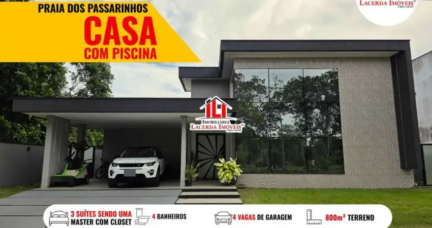 Praia dos Passarinhos, Casa térrea com 3 suítes semimobiliada, lazer com piscina e hidromassagem, quintal amplo