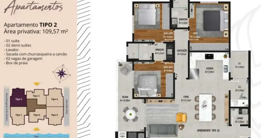 Apartamento 02 dormitorios à venda, r$875.000,00 bairro centro em navegantes