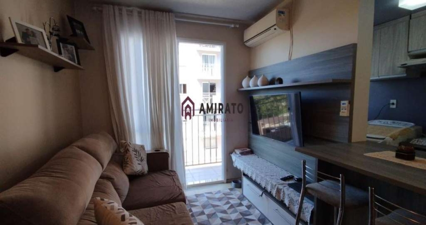 Apartamento semi mobiliado com 2 dormitórios, sala e cozinha integradas, sacada, 1 banheiro e 1 vaga de garagem