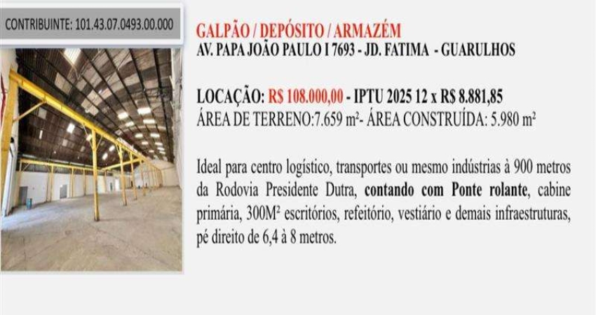 Barracão / Galpão / Depósito para alugar no Jardim Fátima, Guarulhos 