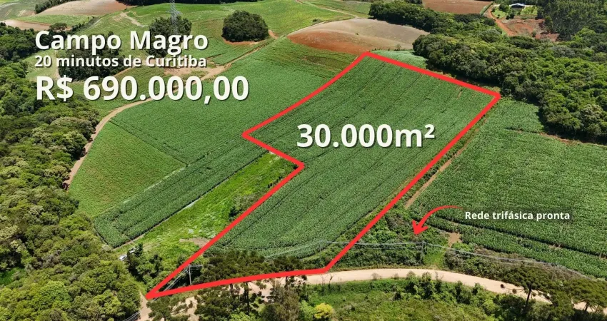 Lote com 30.000m² e rede trifásica a 20 minutos de curitiba (campo magro)