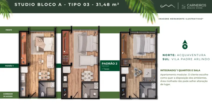 Apto tipo studio 31,48m² com excelente localização na praia dos carneiros.