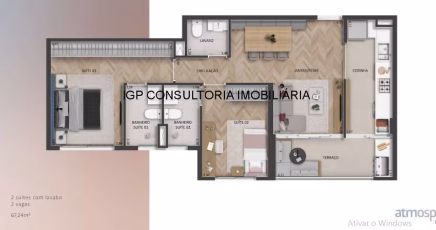 Apartamento à venda no Centro de Indaiatuba-SP: 2 quartos, 1 suíte, 2 salas, 2 banheiros, 2 vagas de garagem, 67m².