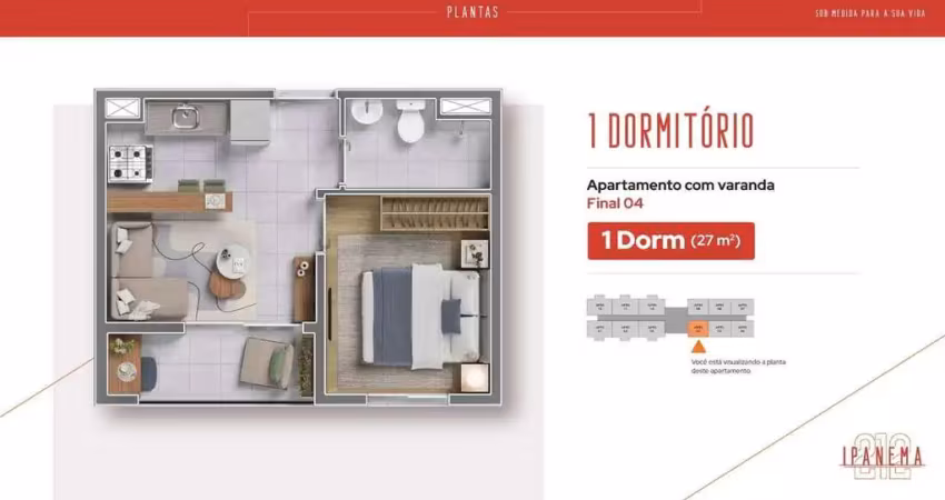 Ipanema 212 | construtora pazza | construção | 29 metros | 01 dormitório | varanda | office | sem vaga