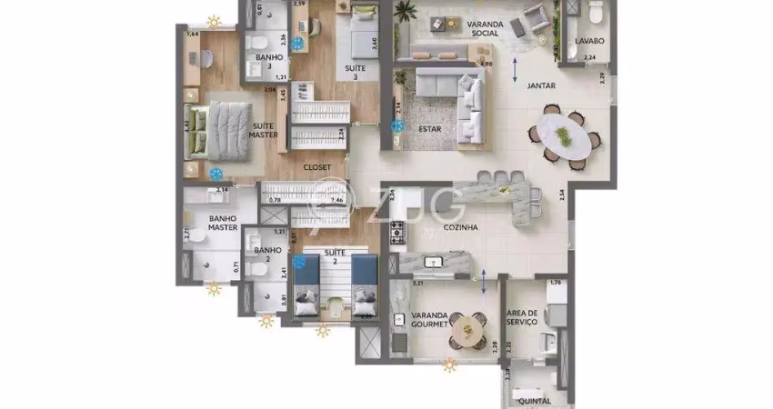 Apartamento à venda em campinas, chácara da barra, com 3 suítes, com 127 m², mistral norte sul