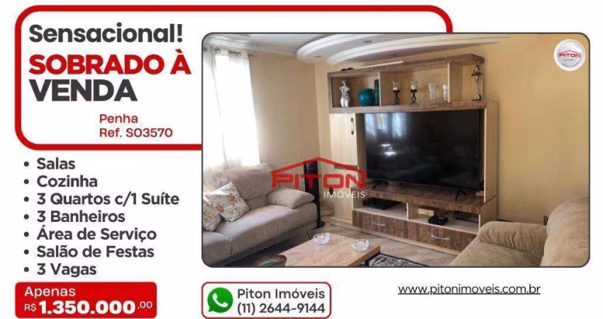 Sobrado com 3 dormitórios à venda, 280 m² por R$ 1.350.000,00 - Penha - São Paulo/SP