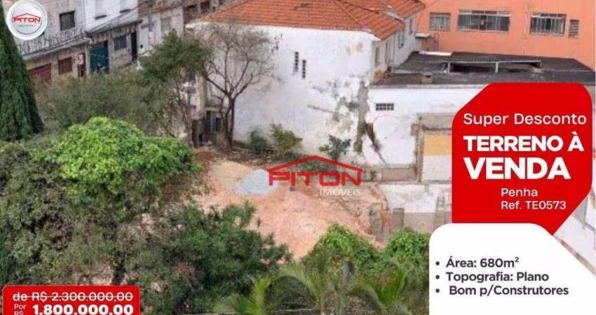 Terreno à venda, 680 m² por R$ 1.800.000,00 - Penha - São Paulo/SP