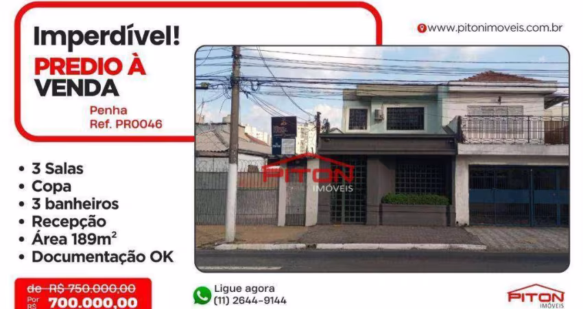 Prédio à venda, 189 m² por R$ 700.000,00 - Penha - São Paulo/SP
