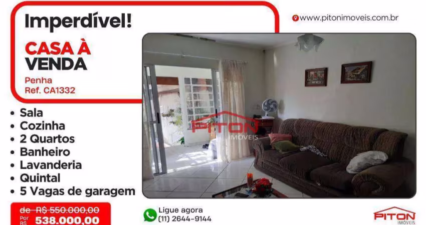 Casa com 2 quartos à venda na Rua São Quintino, 128, Penha, São Paulo