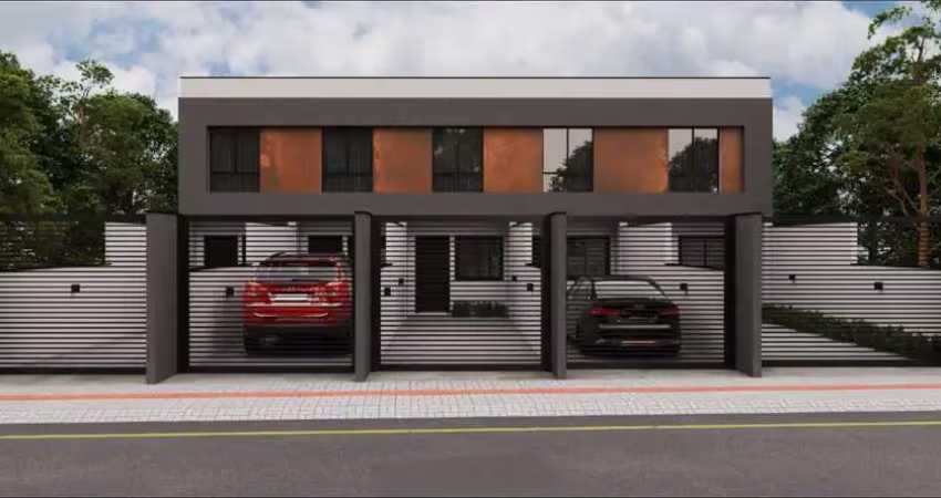 Sobrado geminado com 59m², com 2 quartos e espaço pra 2 veículos.