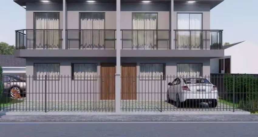 Sobrado geminado subesquina com 72m², sendo 2 quartos e 2 vagas.