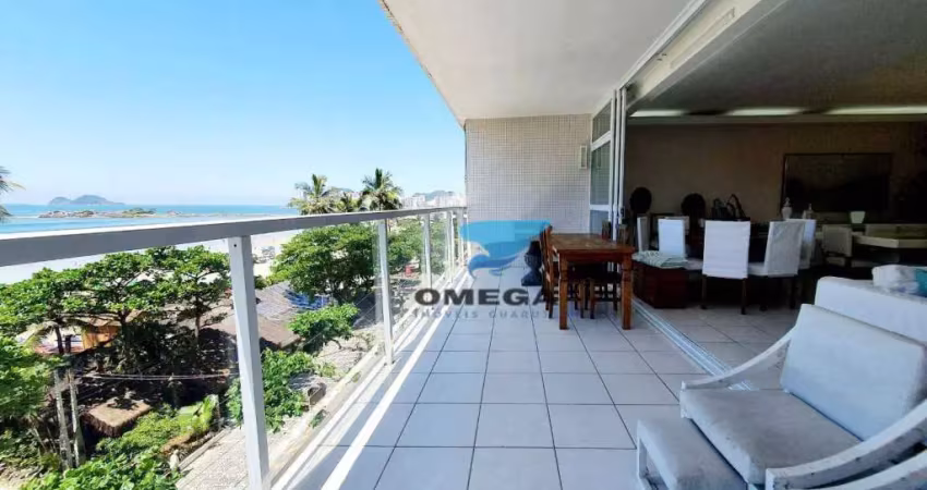 Frente mar - apartamento com 4 quartos - prédio com piscina e churrasqueira - 2 vagas - praia das pitangueiras, guarujá.