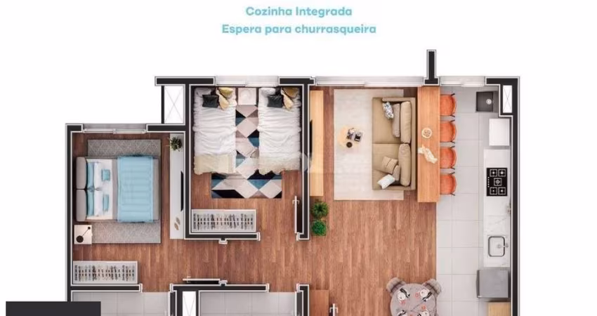 Apartamento de 2 dormitórios, suíte e espera para churrasqueira ou lareira.