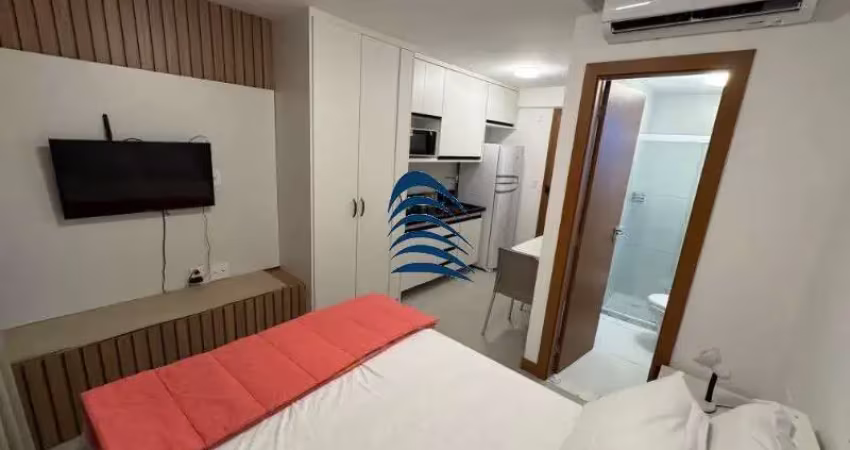 Zn barra - studio com varanda , 22m², nascente, mobiliado, armários, decorado, bem equipado, ar condicionado, andar intermediário, vaga de garagem rotativa.   700 m do farol da barra   empreendimento 