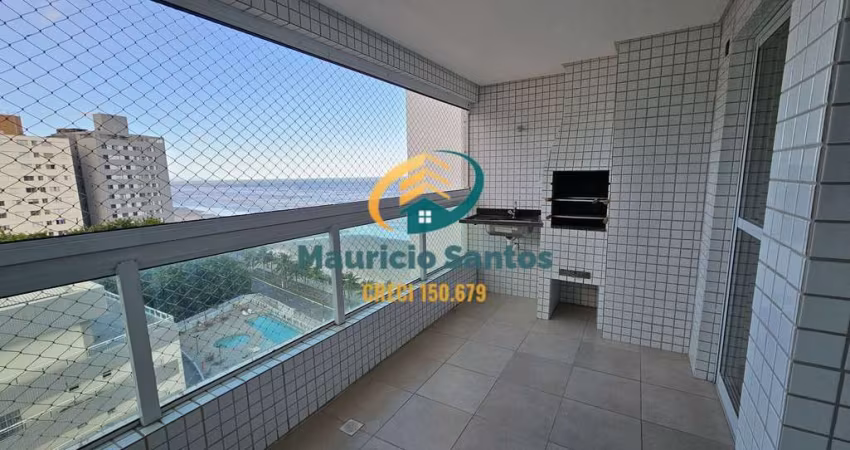 Apartamento em Praia Grande, bairro Solemar, 2 dormitórios sendo 1 suíte, sacada envidraçada e churrasqueira, vista para o mar, Residencial com lazer, piscinas.