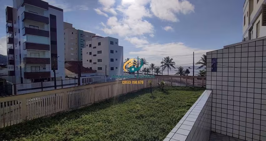 Apartamento Kitnet em Mongaguá, bairro Vila Anhanguera, sacada com vista para o mar, garagem coletiva.