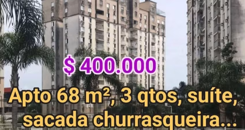 Apto 68 m² 3 qtos suíte sacada com churrasqueira, garagem