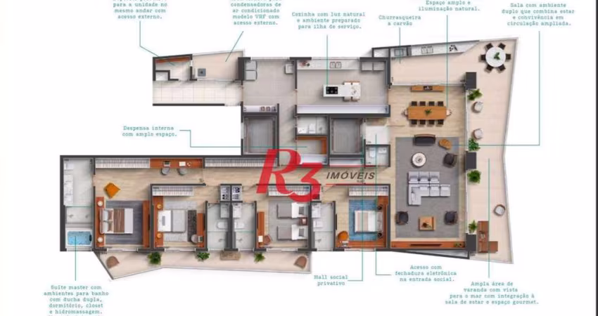Apartamento com 4 suítes de frente para o mar no Gonzaga em Santos à venda, 315 m² por R$ 5.900.000 - Gonzaga - Santos/SP