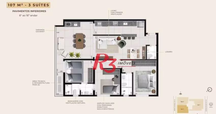 Apartamento com 3 dormitórios à venda, 106 m² por r$ 1.431.659,41 - boqueirão - santos/sp