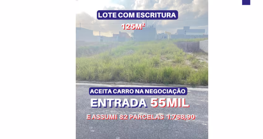 Vende terreno 125m2 com escritura, valor 55mil mais parcelas, aceita carro, fica dentro do loteamento planejado