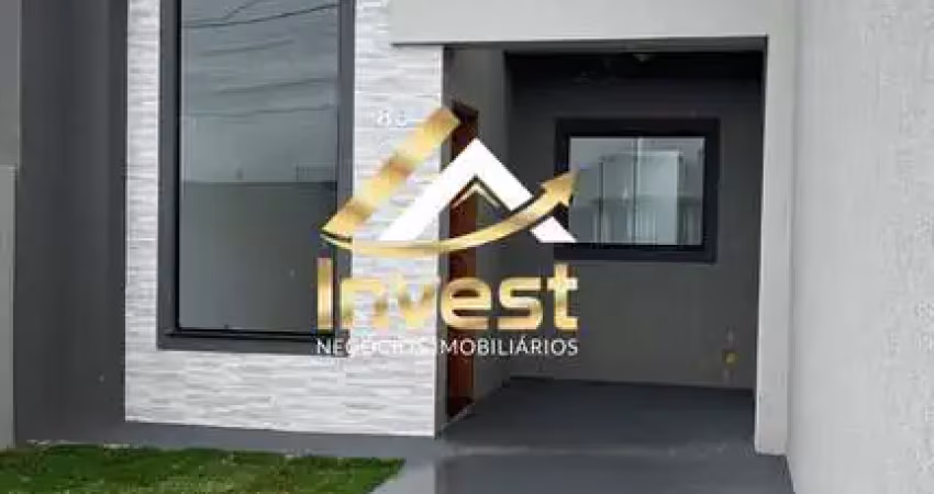 Casa com fachada moderna, 3 quartos, pé direito e espaço nos fundos