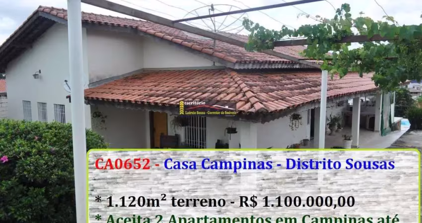Casa venda em campinas sp, sousas, terreno 1.020m² r$ 1.100.000,00  estuda  permuta por dois apartamentos campinas