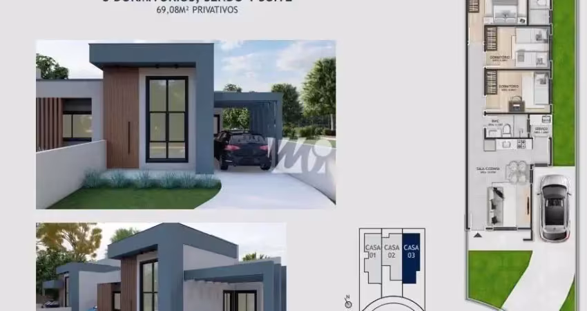 Casa geminada 3 quartos com 1 suíte e 69m² - nova palhoça