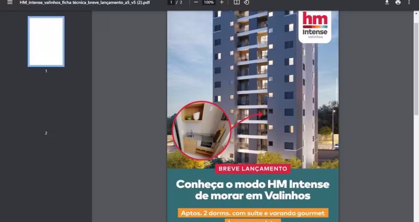 HM Intense Aptos 53,79m2 2 Dorms 1 Suíte, Sala, Cozinha, Banheiro, Varanda Gourmet, Lazer completo
