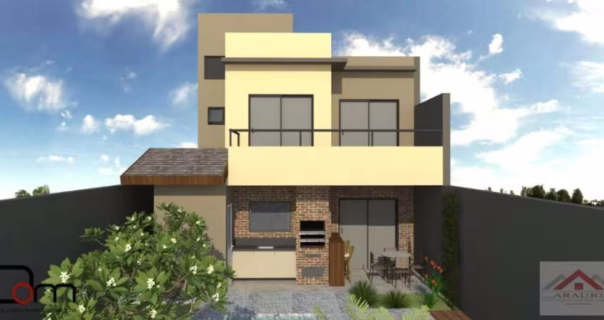 Belo sobrado em construção no Terras da Estância com 3 dormitórios,1 suíte, banheiro social, lavabo, área de serviço, sala de jantar/estar, 2 vagas .