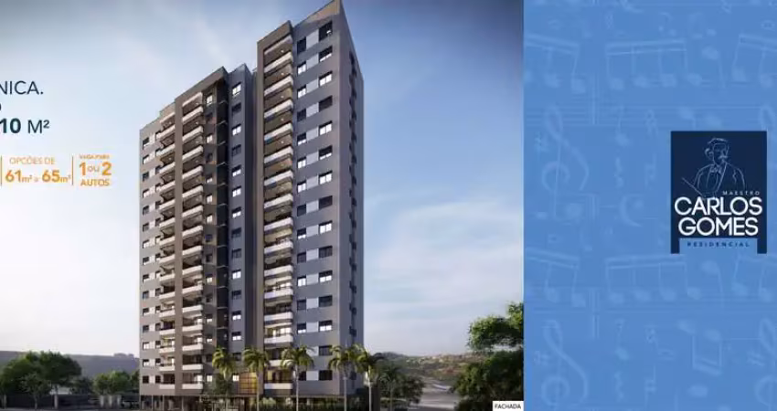 Apartamentos de 61m2 a 65m2 no condomínio maestro carlos gomes residencial, 2 dormitórios, 1 suíte, varanda gourmet, área de lazer completa