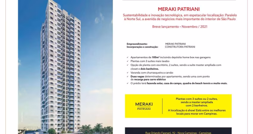 Meraki Patriani, Apartamentos de 105m2, 2 Opções de Plantas, 2 ou 3 Suítes, 2 ou 3 Dormitórios, Varanda Gourmet, Lazer Completo