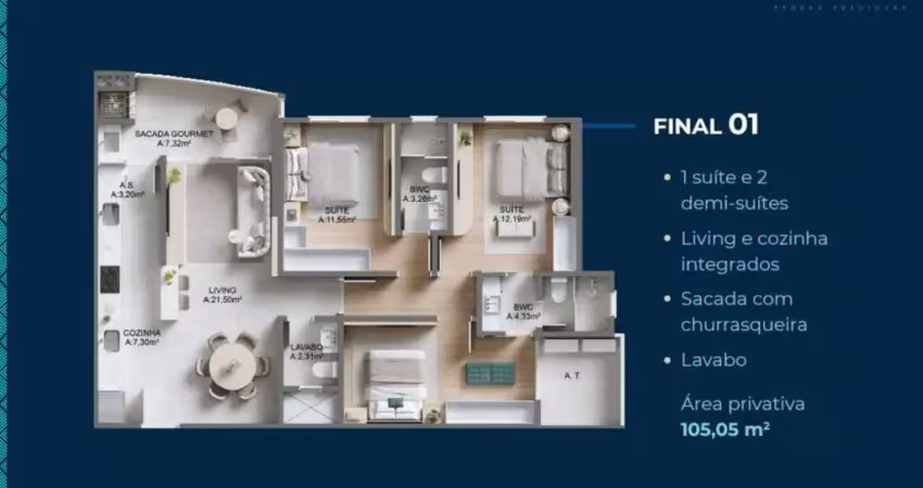 Apartamento na planta com 3 dormitórios sendo 1 suíte e 2 vagas de garagem em itajaí sc