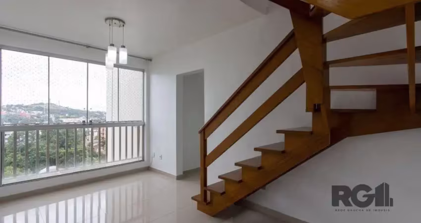 Bela cobertura totalmente reformada, melhor orientação solar, Leste/Norte, próximo ao Barrashopping. Na parte inferior dispõe de 2 dormitórios, living 2 ambientes, banheiro social, cozinha mobiliada e