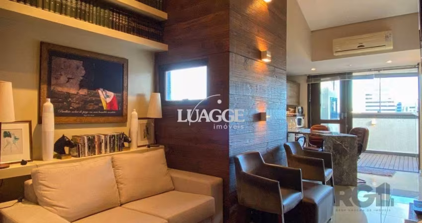Sala mobiliada, com churrasqueira para happy hour e vista para o Guaíba