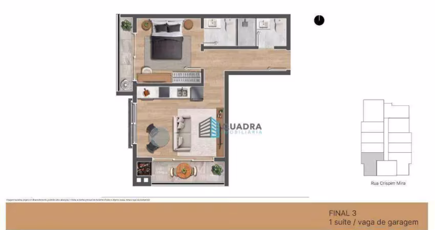 Apartamento com uma suíte com sacada e churrasqueira a carvão e vaga de garagem a preço de custo.