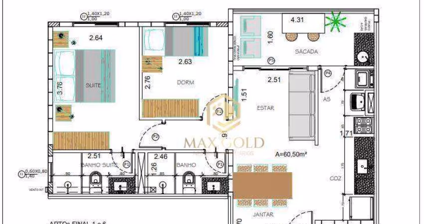 Apartamento com 2 dormitórios à venda, 60 m² por R$ 371.000,00 - Centro - Taubaté/SP
