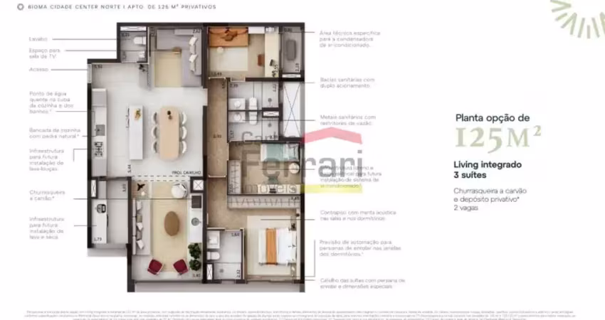 Apartamento bioma cidade center norte 125m2, living integrado, varanda gourmet , depósito e 2 vagas.