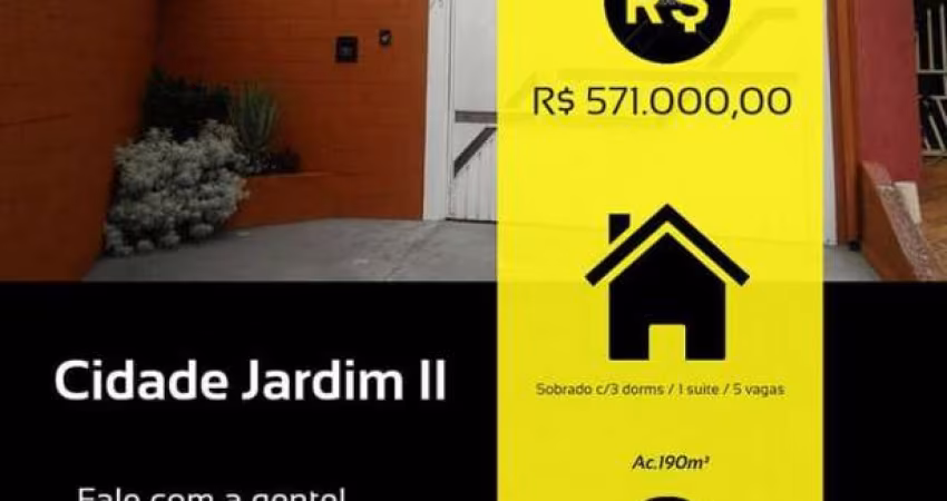 Sobrado de 190 m² c/ 3 dorms /1 suíte/ 5 vagas  Loc. Parque Cidade Jardim II,Jundiaí-SP