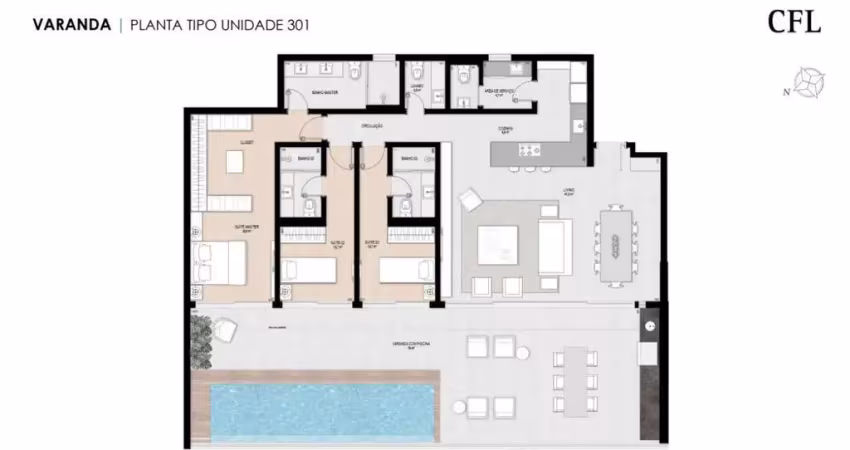 Apartamento de 225,26m² com 3 suítes no Centro