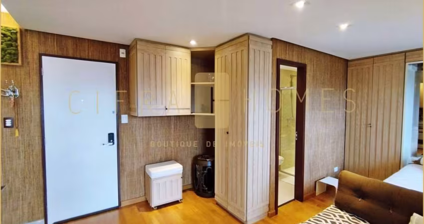 Studio mobiliado com varanda gourmet, vista para o parque e lazer completo.