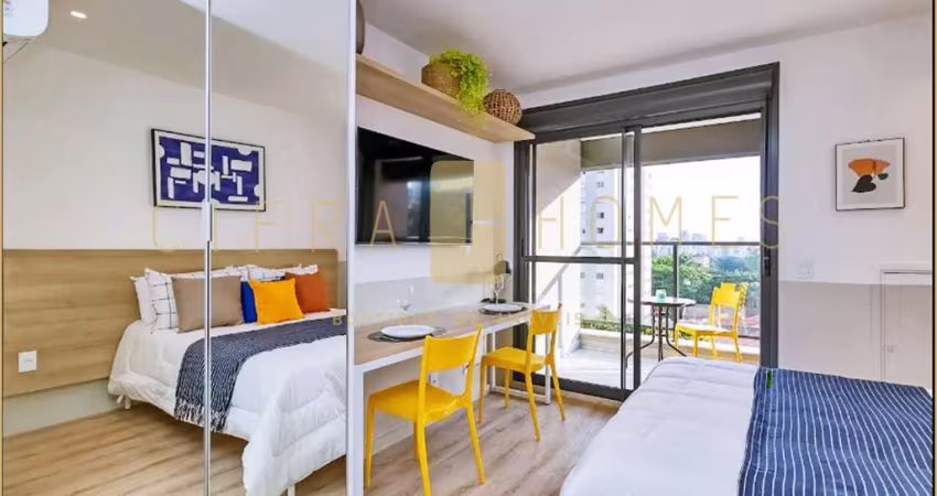 Studio à venda, mobiliado, 28m² em excelente condomínio com coworking, fitness e varanda a 5 min do