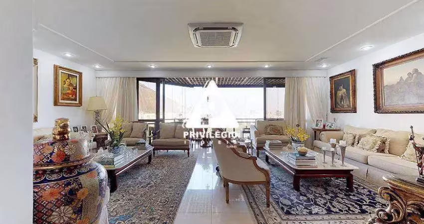 Cobertura duplex de 540m² na lagoa: 4 suítes, piscina, sauna e vista frontal