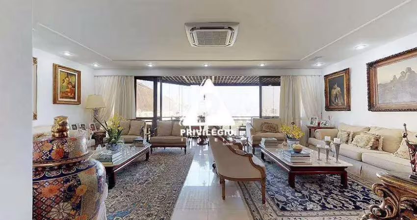 Cobertura duplex de 540m² na lagoa: 4 suítes, piscina, sauna e vista frontal