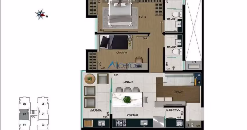 Apartamento 02 quartos com suíte, elevador e 01 ou 02 vagas de garagem.